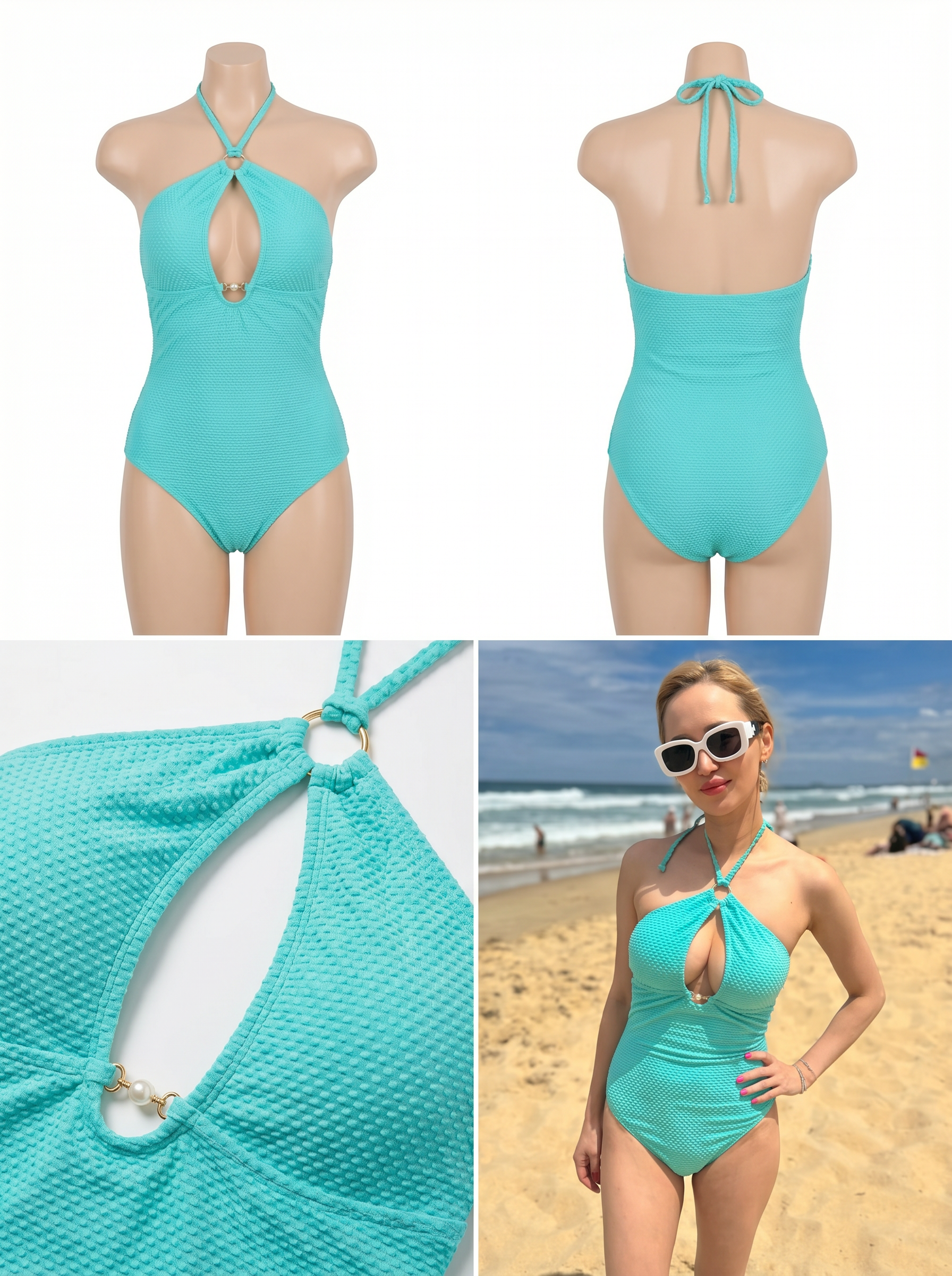 Turquoise Textured Halter One-Piece Swimsuit view 5
